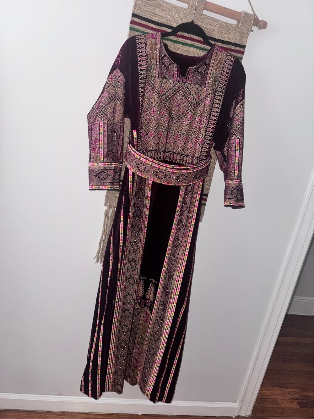 Palestinian Tatreez Velvet Thob in Burgundy/Pink/Gold with Matching Belt